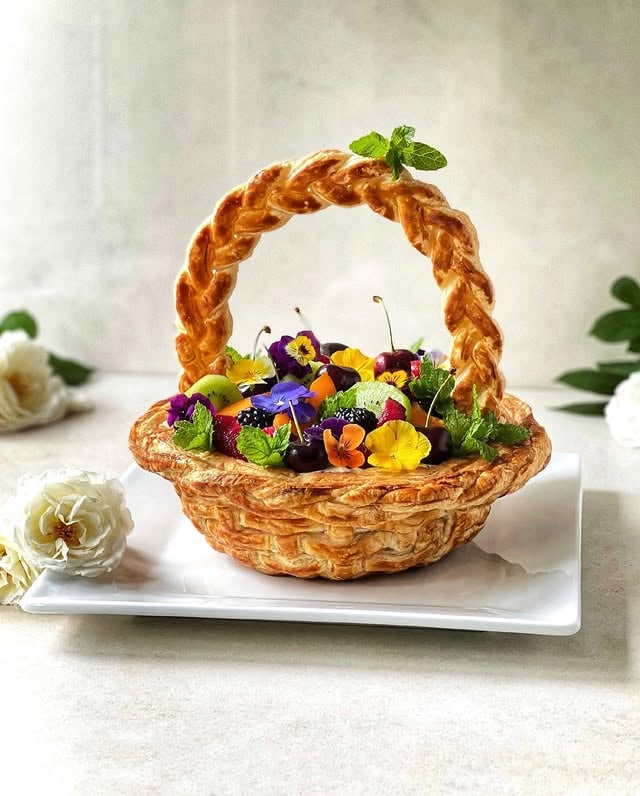 Edible and delectable pastry basket filled with sweet mascarpone cream and fruit 🧺🍒🥝🍓🥭🌸🌺🌼••••#LilyGbakes #ediblebasket #fruit #flowers #pastry #patisserie #pastrydesign #pastryart #bake #bakes #baking #puffpastry #tasty #delicious #decadent #indulgent #delectable #summer #food #foodie #instafood #eats #sweettooth #sweet #sweets #dessert #desserts #foodphotography by @lilygbakes
