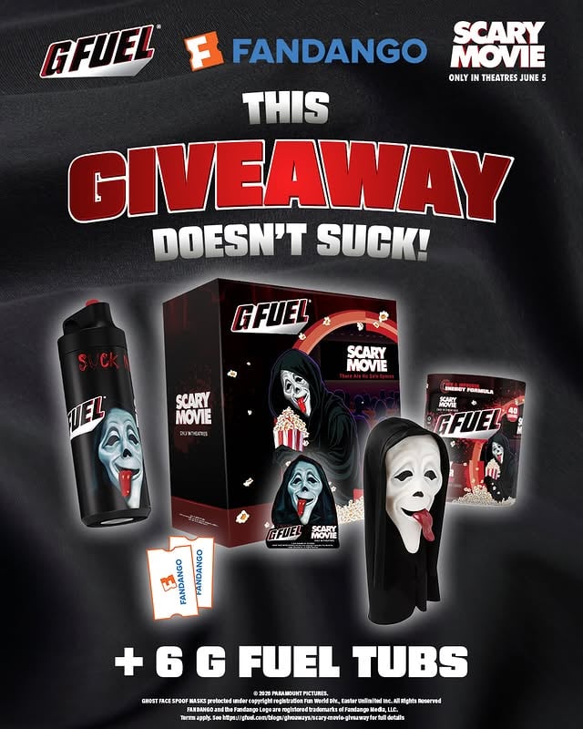 Some lines shouldn’t be crossed…so we crossed all of them. The Scary Movie Giveaway is LIVE!🔪 Enter for a chance to win an exclusive @ScaryMovie x G FUEL Collector Box and Fandango Movie Tickets to see Scary Movie in theatres.Enter and see full rules through the link in G FUEL’s bio.Check out #ScaryMovie only in theatres June 5!🍿