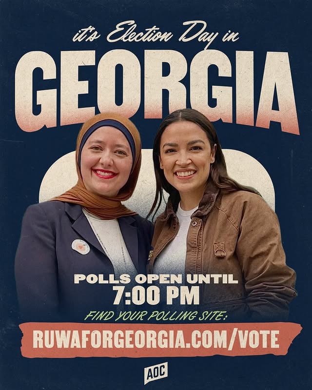 Georgia, today is Election Day!The polls are open right now until 7pm — and today you can cast your ballot for @ruwaromman, who will be a fighter for Georgians in the State Senate.Head to ruwaforgeorgia.com/vote to find your polling place and VOTE! by @teamaoc