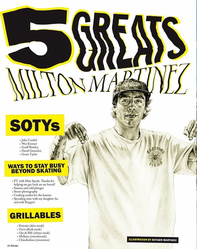 @miltonmartinez 🤝 @thrashermag 5 Greats. Read an insightful interview with Milton’s top picks favorite skaters,travel spots,trips and much more from one of the best to do it!!! Interview & Portrait @burnout & @raygggss 📸 @rhino by @volcom