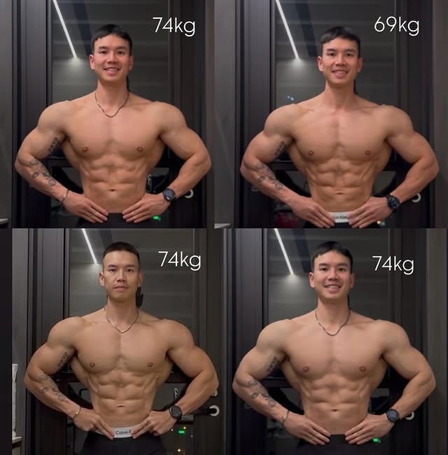 過程：體重比體組成更重要結果：體組成比體重更重要因為體重是最即時、最直接的觀測工具能幫助我們追蹤體態是否正在往對的方向改變而真正決定體態呈現的，不是數字本身而是脂肪與肌肉的比例所以體重是過程中的指標體組成是最終的目的你覺得哪個重要？右上是2024比賽的狀態：69kg左上跟右下是2025大休息後的體態：74kg左下是2025比賽的狀態：74kg這幾個時期提醒了我疲勞有沒有被管理內分泌有沒有取得相對優勢訓練不是對抗身體而是要學會跟身體相處#大H #猜猜不同階段 #我給了什麼不一樣的訊號 by @hsin0126