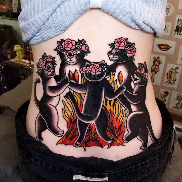 First HUUUUUGE piece”Mid summer witch cats” done on Sarah @tatouageelectricave today, great first day! Thanks for going through this til the end without a tear 🖤 by @iris_lys