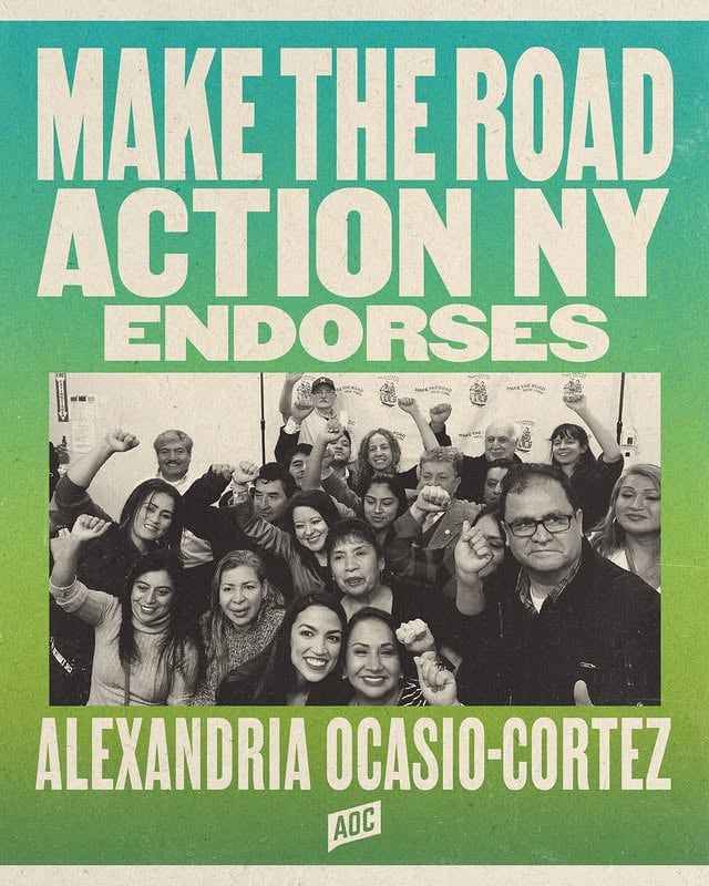 We are proud to have the endorsement of @makeroadactny for the re-election of @aoc ahead of the June 23 primary election.Make The Road Action has been an essential, steadfast partner in the struggle for a society that treats all our people with dignity, regardless of immigration status, race, or gender identity. We are honored to have earned their endorsement as we continue to fight alongside them for health justice, the abolition of ICE, housing justice, respect and dignity on the job, and a society where all of us can afford to live and afford to dream. by @teamaoc