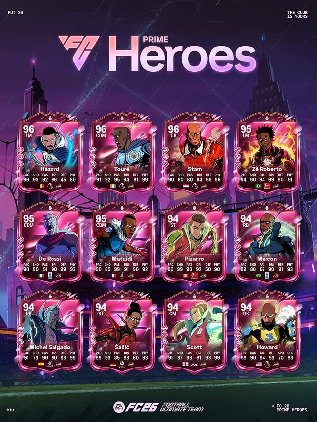 Heroes assemble. Feel the full force of football’s mightiest as fan favourites return for Prime Heroes, with signature 99 face stats, supercharged Live Events, new Evolutions, themed SBCs, and more. Only in #FC26 by @easportsfc