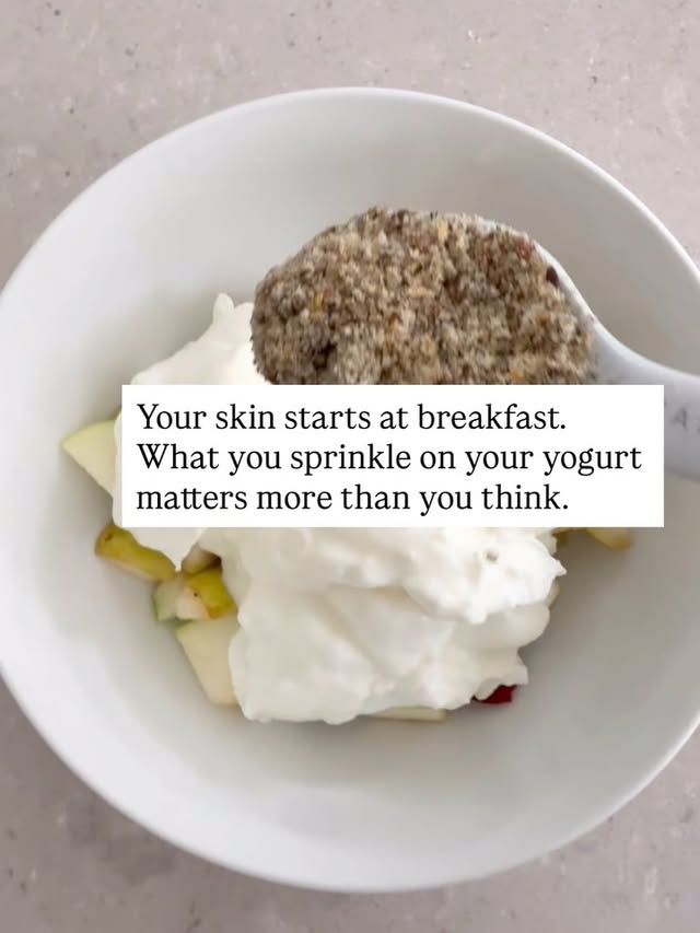Skincare from the inside out. As a skincare founder, I don’t just think about what we put on our skin… but the more holistic approach of what we feed ourselves, and how that supports our skin from the inside outOne of the simplest things I do most mornings is adding a spoon of omega seed mix and hemp seeds to my yogurt and fruit. It’s such a small addition, but incredibly nutrient-dense.You’re giving your body essential fatty acids, fibre, plant protein, minerals… all the things your skin and cells actually recognise and know how to use. This is what I think of as real internal skincare.One really important tip though, grind your seeds (especially flax). Whole seeds can pass straight through the body, but once ground, your body can properly absorb all those nutrients. It takes seconds, but makes all the difference.I also love how simple and sustainable this feels. It’s far more cost-effective than relying on multiple supplements, just one tablespoon a day, and a bag will last me around 4 weeks. I keep mine in an airtight jar to stay fresh.It’s these small, consistent rituals that gently support your skin barrier, your gut, your hormones, your energy… because it’s all connected.Just a simple sprinkle each morning and you’re nourishing your skin from within by @iamsairakhan