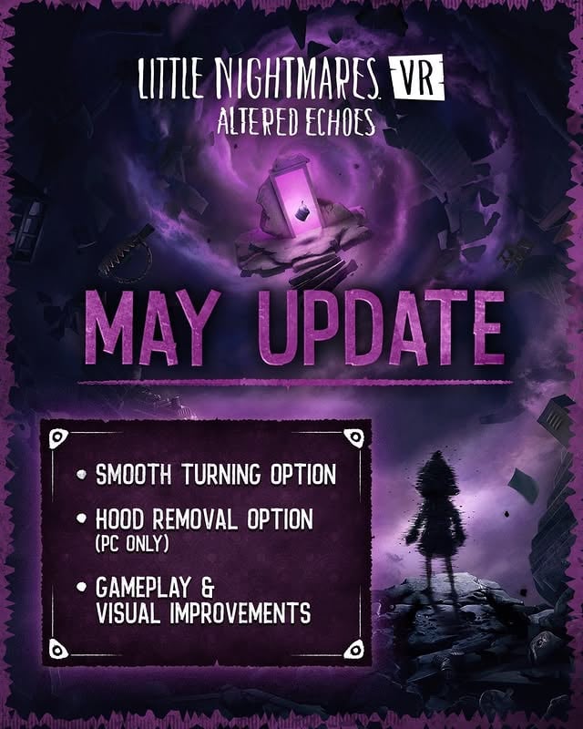 A new patch has been released for #LittleNightmares VR: Altered Echoes on PC, PSVR2, and Meta Quest, bringing heavily requested features: ⁣⁣- Smooth turning option⁣- Hood removal option (PC only, due to performance limitations on other platforms)⁣- As well as various gameplay and visual improvements⁣⁣We recommend downloading this update to ensure the best possible experience in the Nowhere.⁣⁣Full patch notes can be viewed on our website - #linkinbio by @bandainamcoentasia
