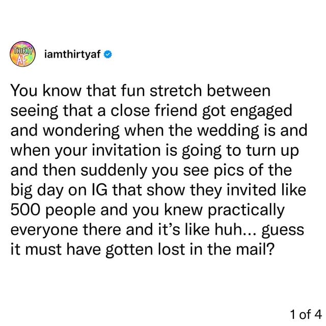 Look, I get that having a wedding comes with a lot of budget based choices and that figuring out the invite list requires a lot of tough decisions. I do. But wow is it a pretty solid way to formalize how close we are 😮‍💨 by @iamthirtyaf