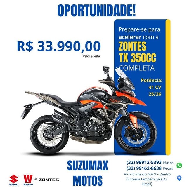 Sabe aquela moto que você sempre para pra olhar e pensa “um dia eu chego lá”?​Talvez esse “um dia” seja agora.​​Esses modelos estão com preço especial e condições pra caber no seu bolso sem tirar o sonho da garagem. É oportunidade pra quem quer sair da vontade e vir buscar a própria moto zero.​​📍 Av. Rio Branco, 1043 – Centro​📲 Chama a gente no direct ou vem na loja saber os valores e as condições. O próximo lugar dessa moto pode ser na sua vaga, não só na sua tela. 💬🔥​​@suzumaxmotosjf