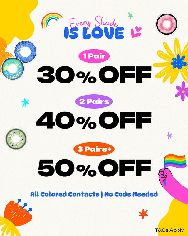 Throwing this sale because every shade deserves love 🌈Enjoy discounts on all colored contacts1 pair ➜ 3️⃣0️⃣% off2 pairs ➜ 4️⃣0️⃣% off3 pairs ➜ 5️⃣0️⃣% offPlus 20% off💛 Monthly lenses🩶 Toric lenses🖤 Sclera lensesExpress yourself in full color this month 💖.#PinkyParadiseDotCom #PinkyParadise #ColouredContacts #Contacts #ContactLens #CircleLenses by @pinkyparadisedotcom