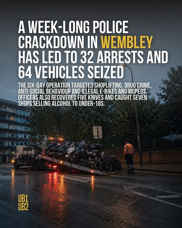 A week-long police operation in Wembley has led to 32 arrests and 64 vehicles seized as officers cracked down on neighbourhood crime.The six-day operation, part of the Met’s Operation Terminos, ran from Tuesday 26 May to Sunday 31 May and targeted the issues hitting local communities hardest: shoplifting, drug-related crime, anti-social behaviour and the illegal use of e-bikes and mopeds.Officers carried out uniformed and plain-clothes patrols in shoplifting hotspots, ran vehicle stop sites and made licensing visits to shops. The results:- 32 arrests, including for possession with intent to supply drugs, offensive weapons, shoplifting and robbery- 64 vehicles seized, including illegal e-bikes, e-scooters and mopeds- 5 knives recovered from the streets- 7 shops caught selling alcohol to under-18s, out of 27 checked by police cadetsThe same operation saw a similar crackdown in Kilburn back in April. The Met says neighbourhood crime across northwest London fell by 6.4 per cent last year, with shoplifting in Brent down 10 per cent.🎥 Source: Metropolitan Police📍 Wembley, Brent#UB1UB2 #Wembley #London #News