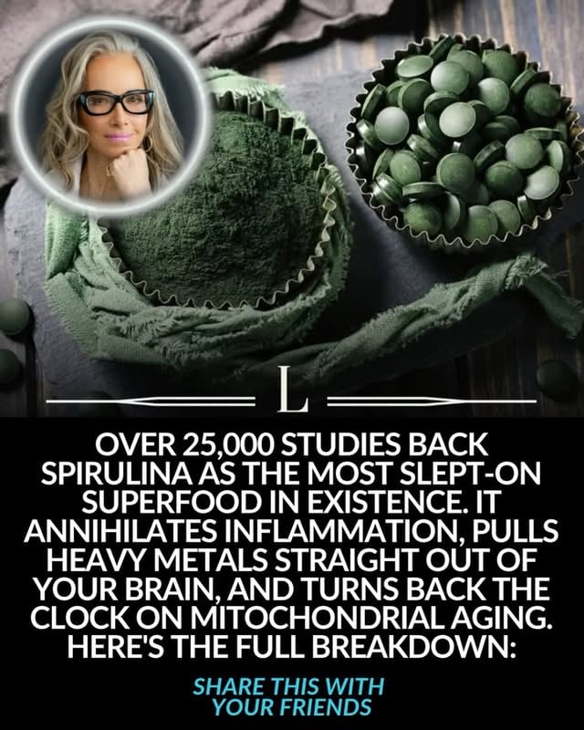 Over 25,000 published studies mention spirulina, making it one of the most researched superfoods available today.

This nutrient-dense blue-green algae has attracted scientific interest because it contains high-quality protein, iron, antioxidants, vitamins, minerals, and a unique pigment called phycocyanin.

Researchers have investigated spirulina for its potential role in:

• Supporting healthy inflammatory responses
• Protecting cells from oxidative stress
• Supporting immune function
• Contributing to healthy energy production
• Supporting metabolic health
• Promoting a healthy gut microbiome

One of spirulina’s most impressive features is its nutrient density.

Gram for gram, it provides more protein than many commonly consumed foods while delivering a wide range of micronutrients in a relatively small serving.

Spirulina is also a natural source of compounds involved in antioxidant defense, which is one reason it continues to be studied in areas related to healthy aging and cellular health.

That said, spirulina is not a magic pill.

No supplement can replace the foundations of longevity:

✓ Quality sleep
✓ Regular exercise
✓ Stress management
✓ A nutrient-rich diet
✓ Strong social connections

Think of spirulina as a tool, not a shortcut.

The goal isn’t to find one superfood that fixes everything.

The goal is to consistently stack small advantages that support your health over time.

Have you ever tried spirulina?

Disclaimer: This content is for educational purposes only and is not medical advice. Always consult with a healthcare professional before starting a new protocol. 

Follow @longevityyguide for daily tips on how to increase your lifespan and healthspan. Share this with someone prioritizing metabolic health.
