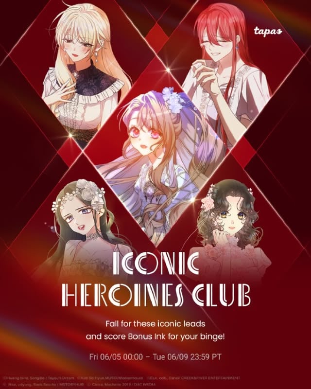 Welcome to the most iconic club around😎🥂⏳From 06/05 00:00 PT - 06/09 23:59 PT🦸‍♀️🔥When you dive into these iconic heroines running the show in their storylines, score bonus ink!💃📲✨#tapasentertainment #romancefantasy #manhwarecommendation by @tapas_app