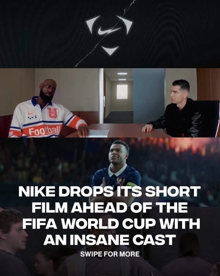 Nike drops its new short film, Rip the Script, ahead of the FIFA World Cup 🏆

The ad highlights new kits, pieces, and sneakers from Nike’s X2 collection, starring Kim Kardashian, LeBron James, Ronaldo, Mbappé, and more.

🎥: @nikefootball