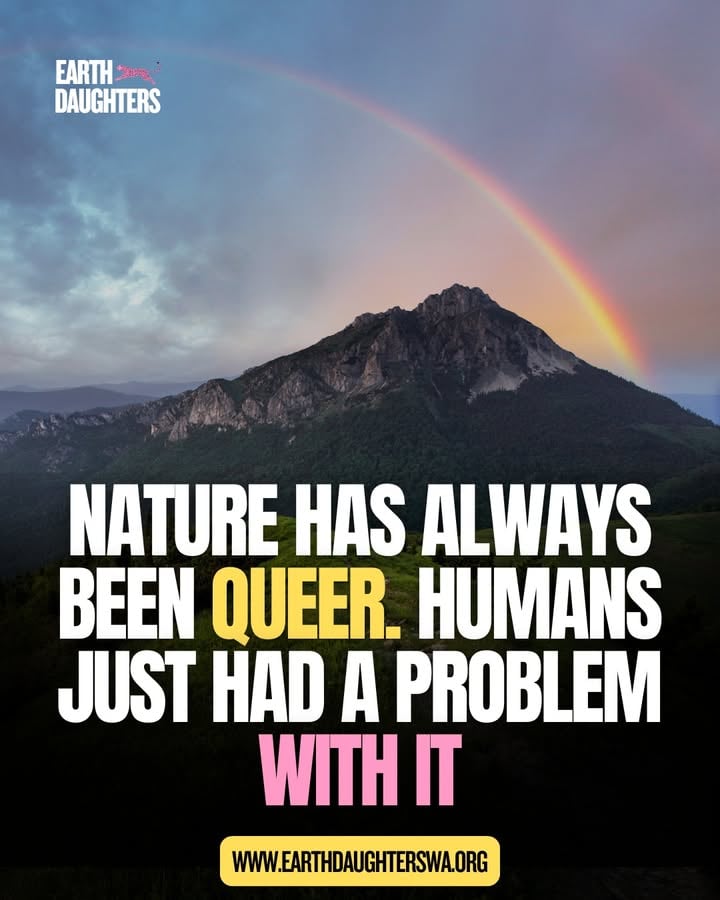 Nature has always been queer. Fungi. Dolphins. Albatross. Elephants. Over 1,500 species exhibit same-sex behavior and gender fluidity. Queerness is not unnatural. It never was 🌈

Save this. Share it 🌿 

References:
(1) Bagemihl, B. (1999). Biological exuberance: Animal homosexuality and natural diversity. Macmillan.
(2) Roughgarden, J. (2013). Evolution's rainbow: Diversity, gender, and sexuality in nature and people. Univ of California Press.

#QueerNature #NatureIsQueer #TwoSpirit #DecolonizeScience #EarthDaughters #Pride