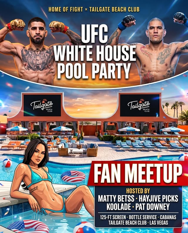 🇺🇸 FAN MEETUP — UFC WHITE HOUSE POOL PARTY 🇺🇸The biggest card in UFC history needs the biggest watch party in Vegas.Home of Fight x @tailgatebeachclub — pool, 125ft screen, bottle service, cabanas.Pull up. Meet the boys. Watch every fight on the wall.Hosted by @mattybetss · @hayjivepicks · @koo1ade_ · @patdowney📍 Tailgate Beach Club · Las Vegas📆 Sunday, June 14 by @homeoffight