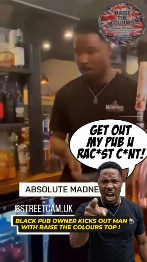 "I’m Irish." 🇮🇪🏾 A tense confrontation at a local pub has gone viral.
The video captures the moment a Black pub owner ejects a British man wearing a "Raise the Colours" t-shirt from his premises. During the exchange, the customer tells the landlord that he is "the problem with this country." The owner responds by stating that he is Irish, before repeatedly ordering the man to leave, saying, "Get outta my pub, you racist c***!"
Watch the interaction unfold and share your perspective in the comments below. 👇
#PubCulture #CurrentEvents #CommunityDiscussion #ViralVideo