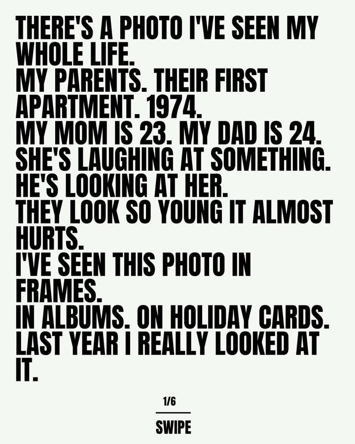 There's a photo I've seen my whole life.
My parents. Their first apartment. 1974.
They look happy.
Last year I looked at it again.
I mean really looked.
I saw something in the background
I'd never noticed before.