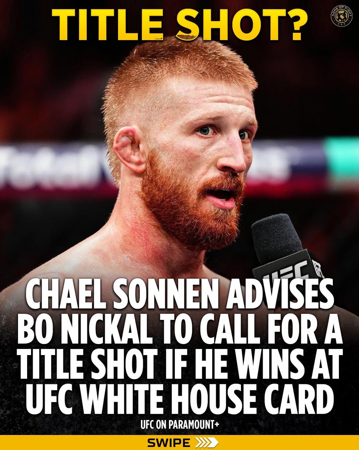 🚨 Chael Sonnen wants Bo Nickal to fight for the UFC title NEXT

⚡️Chael “Bo Nickal makes a call out. Who does he call out”? 

⚡️Nickal “I don’t know, you tell me.”

⚡️Chael “The world champion. I think it’s time”

🎥 @ufconparamount