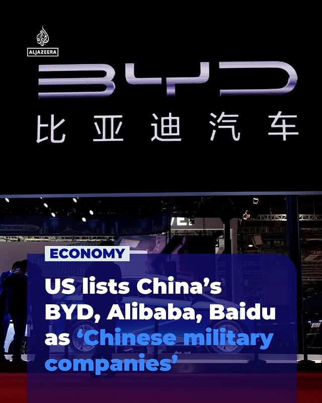 The US has designated Chinese corporate giants Alibaba, BYD and Baidu as companies that support China’s military, expanding its blacklist to some of the country’s best-known commercial brands.⁣
.⁣
🔗Tap the link in bio for more.⁣
.⁣
⁣
#US #China