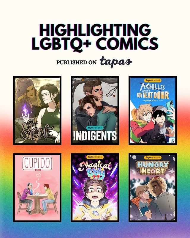 Highlighting LGBTQ+ comics published on Tapas! Sabine is so lucky to be next to these stories. There are so many incredible creators on Tapas. Happy Pride Month!Reading List (all available on @tapas_app):Sabine by @sabinewebcomic Indigents by @csswolfe Achilles & The Boy Next Door by @twoonyauthor and @hakeism Cupido by @skatuyart Magical Boy by @thekao Hungry Heart @jmiltondraws #pride #gl #bl #webcomics #pridemonth by @tapas_app