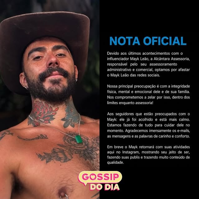 Após expor que dois de seus animais haviam sido mort*s, a assessoria de Mayk Leão publicou uma nota informando que o influenciador ficará um tempo afastado das redes. 

(📸Imagem/Reprodução: Instagram)