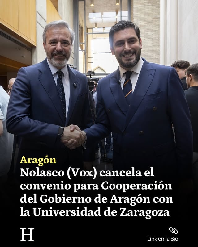 🔴 Nueva embestida del vicepresidente de #Aragón, Alejandro Nolasco, contra la solidaridad y la inmigración. El también consejero de Desregulación, Bienestar Social y Familia ha cancelado el convenio de la DGA con la Cátedra de Cooperación al Desarrollo de la Universidad de Zaragoza.

➡️ Según el líder de Vox en la Comunidad, el Ejecutivo autonómico destinará ahora los 30.000 euros anuales que aportaba a la institución académica a “servicios sociales de prioridad nacional”.

🗣️ Según ha explicado la DGA en un comunicado, “esta medida forma parte del plan de recorte de subvenciones no prioritarias” iniciado por Vox desde su vuelta al Pignatelli tras el acuerdo de coalición con el PP de Jorge Azcón.

🔗 Más información en heraldo.es
🖊️ I. Muñoz 📸 José Miguel Marco
