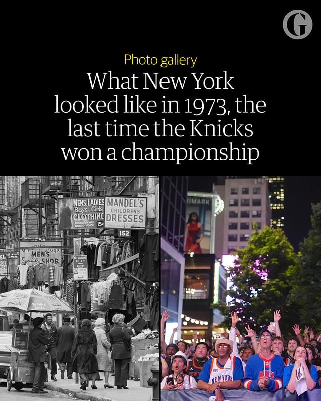 New York City is currently having a moment. But more than 50 years ago, it also had a very similar moment. ⁠⁠1973, when Shirley Chisholm was in Congress, Led Zeppelin played Madison Square Garden and fans took seats out of Yankee Stadium, was the last time the New York Knicks won the championship. ⁠⁠And now, the Knicks’ first opportunity to win the title since 1999 – the last time they were in the finals, also against the Spurs, when they lost – has thrown fans in the Big Apple into a frenzy. ⁠⁠In the past two weeks, the bars have been even more packed than usual. Several nights a week, usually at around 11pm, there has been a seemingly synchronized honking of horns.⁠⁠“It’s very hopeful, very optimistic," said David Hamilton, a military veteran-turned-comedian and producer. "It’s probably cliche, but sports is that sometimes unifying distraction. ... It’s a big, joyous kind of moment.”⁠⁠Swipe to see what the city looked like the last time the Knicks won the playoffs. by @guardian_us