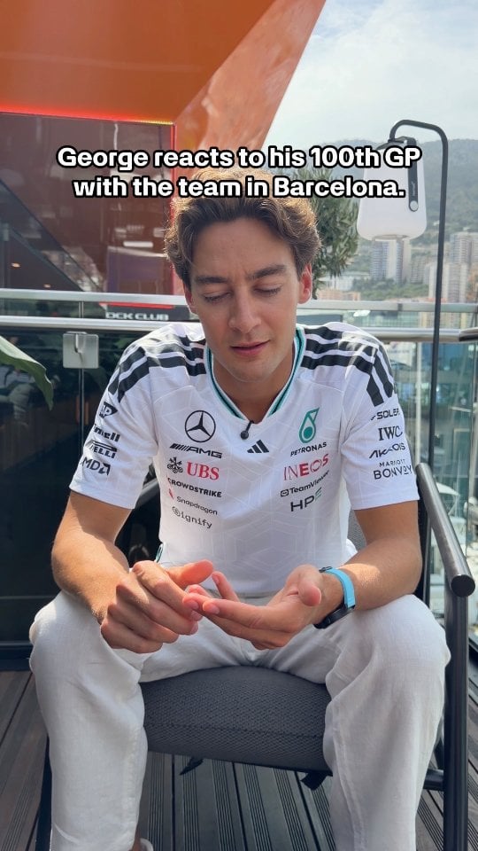 97... 98... 99... 💯! George reacts to hitting a massive milestone with the team this weekend in BCN 🇪🇸