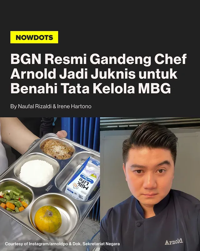 Badan Gizi Nasional (BGN) menggandeng koki selebriti Chef Arnold Poernomo untuk membantu menyusun petunjuk teknis (juknis) baru program Makan Bergizi Gratis (MBG). Langkah ini dilakukan sebagai bagian dari upaya pembenahan tata kelola program, mulai dari pengelolaan sumber daya manusia, manajemen dapur, peralatan, hingga penyusunan bank menu guna meningkatkan kualitas layanan di seluruh Satuan Pelayanan Pemenuhan Gizi (SPPG).

Kepala BGN Nanik Deyang bersama jajaran pimpinan BGN menyebut fokus baru program MBG akan bergeser dari mengejar kuantitas menjadi mengutamakan kualitas. BGN juga berencana melakukan evaluasi langsung terhadap ribuan dapur MBG yang telah beroperasi untuk memastikan pelaksanaan sesuai standar. Selain itu, pemerintah tengah menyiapkan skema pembiayaan baru agar program MBG, khususnya di wilayah 3T (tertinggal, terdepan, dan terluar), dapat berjalan lebih efektif tanpa terlalu membebani APBN.

-
#nowdots