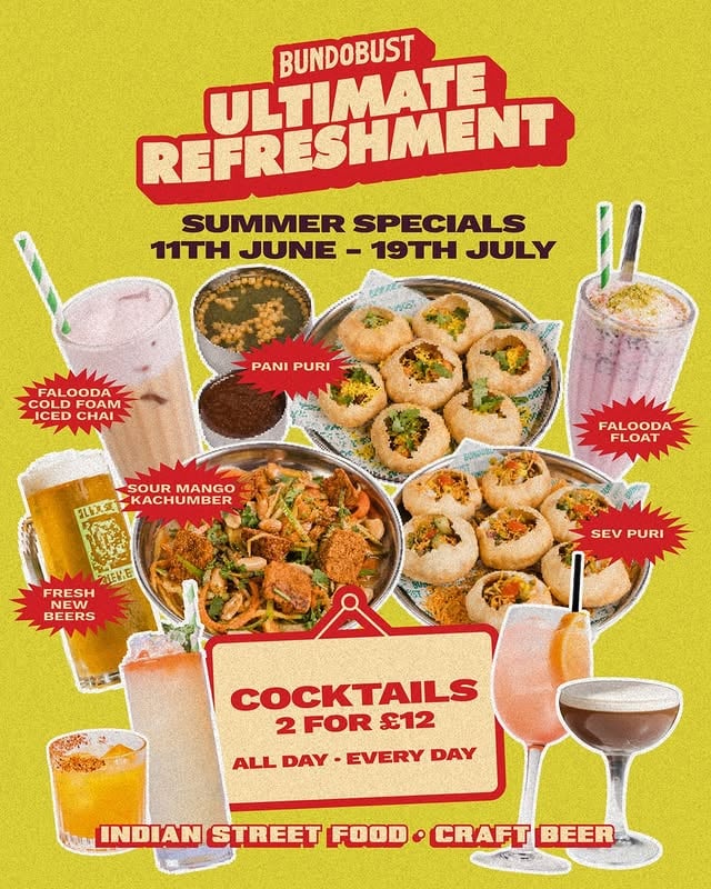 Summer’s back (sort of) and so is Ultimate Refreshment (definitely!). Summery snacky specials, perfect for freshening up your big Bundo or just on their own with a cold beer or cocktails (2-for-£12 all day every day btw) Returning this Thursday 11th June until 19th July! by @bundobust