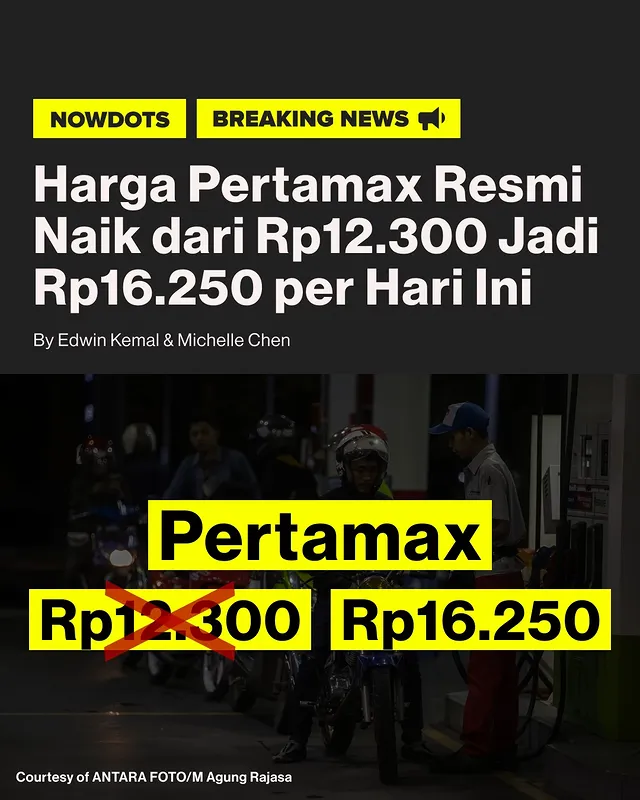 Pertamina Patra Niaga resmi menaikkan harga BBM nonsubsidi jenis Pertamax dan Pertamax Green mulai 10 Juni 2026. Harga Pertamax (RON 92) melonjak dari Rp12.300 menjadi Rp16.250 per liter, sementara Pertamax Green 95 naik dari Rp12.900 menjadi Rp17.000 per liter. Kenaikan ini dilakukan setelah koordinasi dengan pemerintah dan melalui evaluasi berkala yang mempertimbangkan perkembangan harga minyak dunia serta harga pasar keekonomian.

Corporate Secretary Pertamina Patra Niaga, Roberth MV Dumatubun, menyebut penyesuaian harga dilakukan untuk menjaga keberlanjutan pasokan energi, kualitas layanan, dan stabilitas bisnis. Sementara itu, harga BBM nonsubsidi lainnya seperti Pertamax Turbo tetap di Rp20.750 per liter, Dexlite Rp23.000 per liter, dan Pertamina Dex Rp24.800 per liter. Pertamina memastikan stok BBM tetap aman dan tersedia di seluruh jaringan SPBU, serta mengimbau masyarakat untuk memantau informasi harga terbaru melalui aplikasi MyPertamina dan kanal resmi perusahaan.

-
#nowdots
