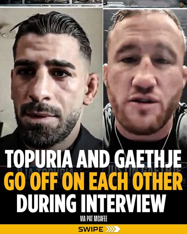 😳 Things got HEATED between Ilia Topuria and Justin Gaethje during an interview before their fight.⚡️ Gaethje: “He’s a narcissist and believes everything he says... he thinks he’s God. He’s human, when I touch his chin he’s gonna go to sleep.”⚡️ Topuria: “Never, forget about it. I’m never gonna shoot for a takedown. I talk the talk and I walk the walk. I won the world title three times. I’m the king on the screen right now. Shut the f*ck up.”(via @patmcafeeshow) by @homeoffight