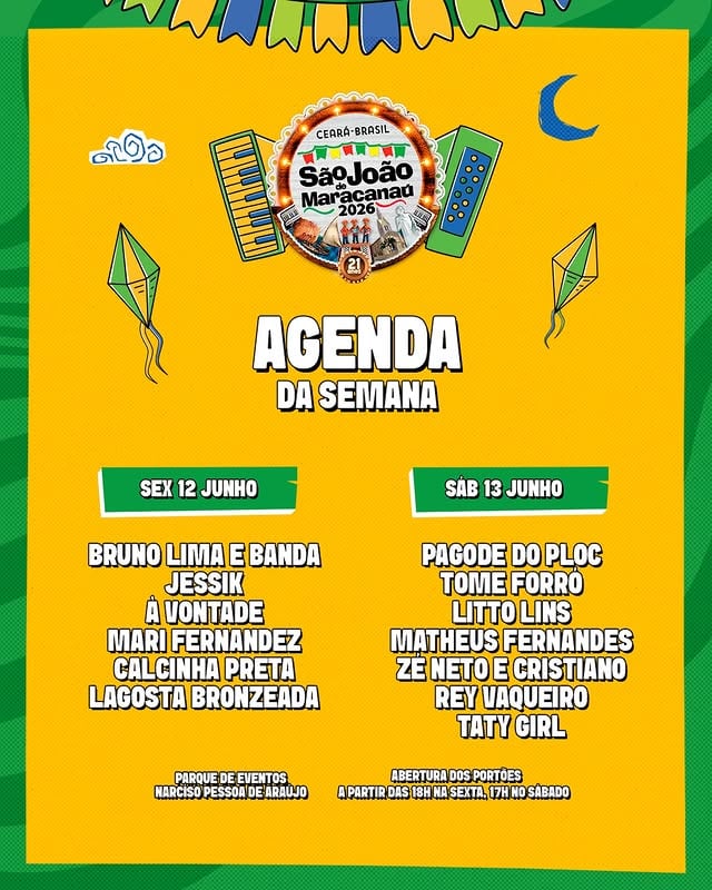 Confere aí a agenda desse final de semana no Maior São João do Planeta 🔥 Maracanaú vai ficar pequeno 🪗 

Link de ingressos do camarote na bio ✅

#saojoao