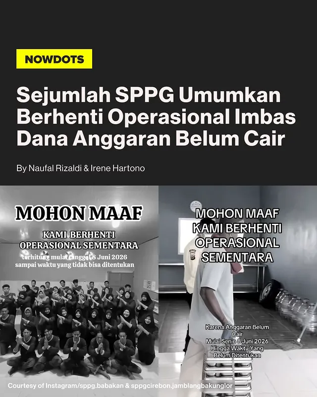 Sejumlah Satuan Pelayanan Pemenuhan Gizi (SPPG) di berbagai daerah dilaporkan menghentikan sementara operasional program Makan Bergizi Gratis (MBG) akibat dana operasional yang belum cair. Informasi ini ramai diperbincangkan di media sosial setelah beberapa SPPG mengunggah video pemberitahuan penghentian layanan hingga batas waktu yang belum ditentukan. Warganet pun menyoroti kondisi tersebut terutama setelah bergantinya Kepala BGN yang baru usai eks Kepala BGN, Dadan Hindayana terjerat kasus dugaan korupsi program MBG.

Beberapa SPPG yang mengumumkan penghentian operasional antara lain SPPG Babakan, SPPG Cirebon Jamblangbakunglor, SPPG Krecek Badas Kediri, SPPG Sumedang Tanjungsari 01, hingga SPPG Purwodadi Muara Padang. Dalam pengumumannya, sejumlah pengelola menyebut anggaran operasional belum turun sehingga aktivitas produksi dan distribusi MBG terpaksa dihentikan sementara mulai 8 Juni 2026. Hingga kini belum ada kepastian kapan operasional akan kembali berjalan normal, sementara para penerima manfaat masih menunggu kejelasan terkait kelanjutan program tersebut.

-
#nowdots
