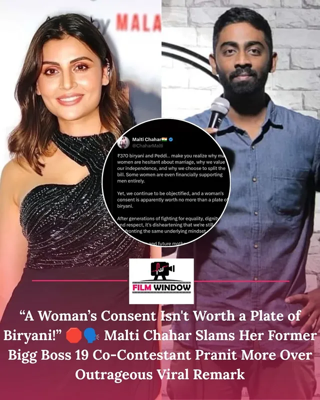 "The Urgency For Change: Malti Chahar Speaks Out Against Former Co-Contestant Pranit More's Viral ₹370 Biryani Crowd-Work Controversy! 🛑🗣️💥" An absolute powerhouse statement against casual entitlement and misogyny! Former Bigg Boss19 contestant and actress Malti Chahar has fiercely called out the viral incident involving comedian Pranit More and audience member Himanshu Jangra. 🏛️💥

Reacting to the video where Jangra boasted about demanding physical favors from a woman after buying her a ₹370 plate of chicken biryani, Malti expressed complete disgust at how consent was commodified. "A woman's consent is apparently worth no more than a plate of biryani. After generations of fighting for equality, dignity, and respect, it's disheartening that we're still confronting the same underlying mindset," she voiced passionately on her digital handles. 🤫⏳ 

Malti, whose friendship with Pranit famously turned sour inside the BB19 house, further urged the public to stop dismissing predatory behavior as "just a joke," emphasizing that media directly shapes social culture. The fallout from the video has already resulted in the comedian releasing an official apology, while Jangra was swiftly terminated from his corporate position at Gurugram firm Starvik Design. 🦁🔥

Drop a '💯' if you completely back Malti Chahar's stand on boundaries and mutual respect! 👇💬 #MaltiChahar #PranitMore #HimanshuJangra #ConsentMatters #DatingEthics