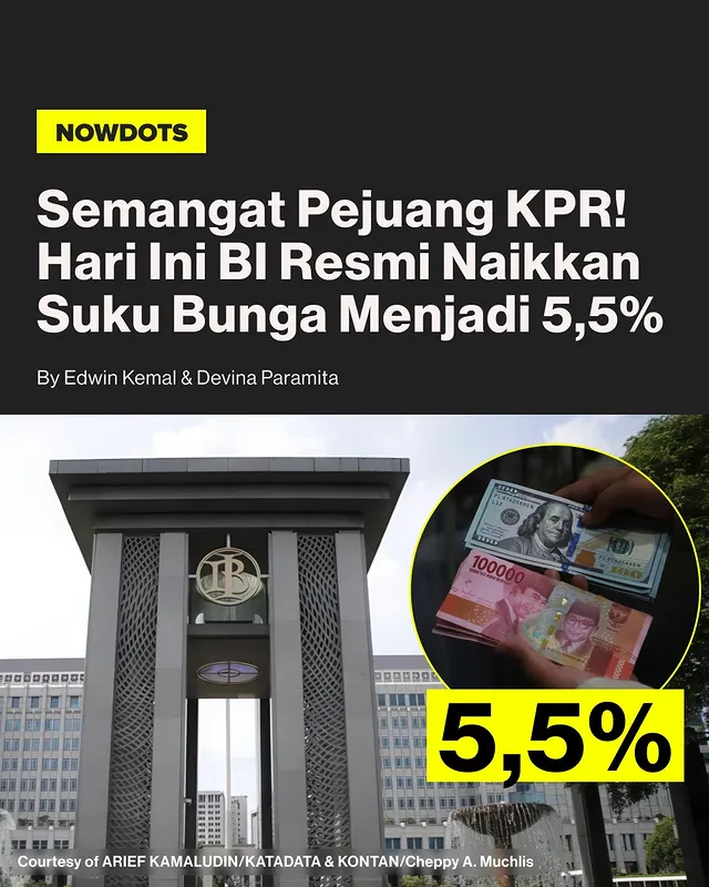 Bank Indonesia (BI) resmi menaikkan suku bunga acuan atau BI Rate sebesar 25 basis poin menjadi 5,5%, di tengah tekanan pelemahan rupiah dan meningkatnya gejolak global akibat konflik di Timur Tengah. BI menyebut langkah ini diambil untuk memperkuat stabilitas nilai tukar rupiah, menjaga inflasi tetap berada dalam target 2,5±1 persen pada 2026-2027, sekaligus meningkatkan daya tarik investasi asing agar arus modal tidak terus keluar dari pasar keuangan Indonesia. Selain BI Rate, suku bunga Deposit Facility juga naik menjadi 4,50 persen dan Lending Facility menjadi 6,25 persen.

Di sisi positif, kenaikan suku bunga berpotensi memperkuat rupiah, menahan capital outflow, menjaga inflasi tetap terkendali, dan meningkatkan kepercayaan investor terhadap ekonomi Indonesia. Namun, kebijakan ini juga memiliki konsekuensi bagi masyarakat dan dunia usaha. Suku bunga kredit berpotensi ikut naik sehingga cicilan KPR, kredit kendaraan, hingga pinjaman usaha menjadi lebih mahal. Dampaknya, minat masyarakat dan pelaku usaha untuk mengambil kredit bisa menurun, ekspansi bisnis melambat, penciptaan lapangan kerja berkurang, daya beli masyarakat melemah, hingga memicu efisiensi perusahaan dan risiko PHK. Kondisi tersebut dapat menekan pertumbuhan ekonomi dalam jangka pendek meski di sisi lain membantu menjaga stabilitas rupiah dan inflasi.

-
#nowdots
