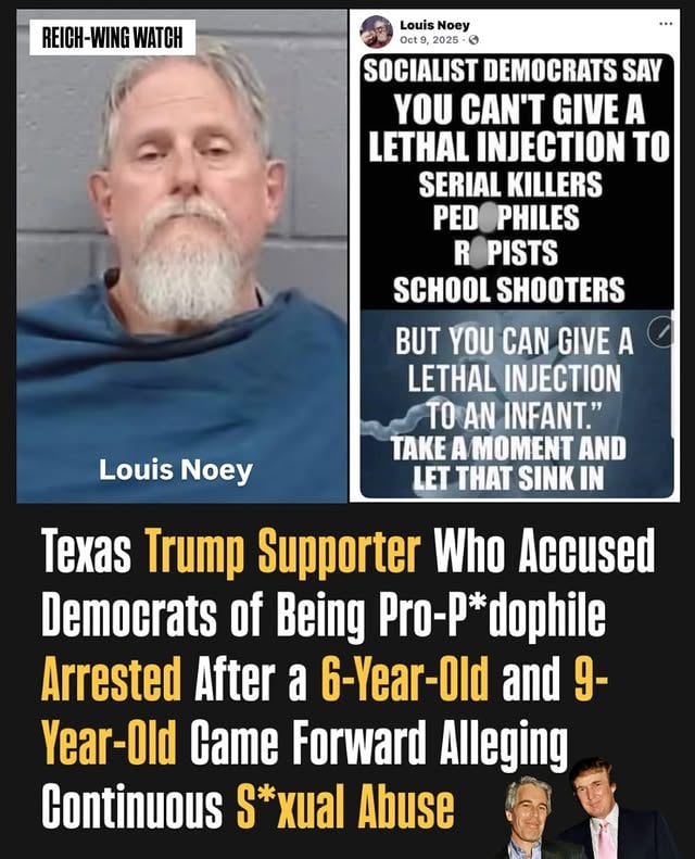 🚨A Texas MAGA man has been arrested and accused of horrific crimes against children.

While Louis Noey of Wichita Falls, Texas was sharing posts accusing Democrats of being pro-p*dophile and quoting Bible verses justifying beating children, a 6-year-old and a 9-year-old were telling police he had been s*xually abusing them — continuously.

According to the Wichita Falls Police Department, the two child victims were taken to Patsy’s House, where they were forensically interviewed and provided details of the assaults. When officers spoke with Noey, he openly admitted to s*xually abusing the children.

The 63-year-old was charged with Aggravated S*xual Assault of a Child and Continuous S*xual Abuse of a Child, and booked into Wichita County Jail.

Noey shared a plethora of bible passages, anti-LGBTQ memes, and pro-Trump content on Facebook.

The anti-LGBTQ morality-police are masters of projection. The ones accusing the loudest are always the ones with skeletons in their closets.

May Noey’s bigotry be a reminder of why Pride Month is so necessary. 🏳️‍🌈